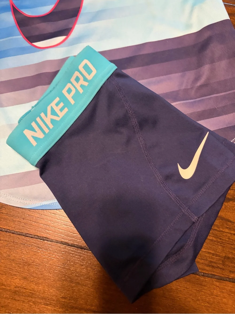 Nike Girls' Blue, Teal & Purple Striped Dri-FIT Top with Navy Nike Pro Shorts